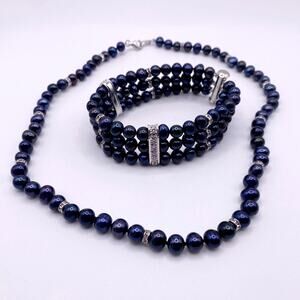 Danbury Mint Midnight Spell Cultured Pearls 925 Silver Set Bracelet and Necklace